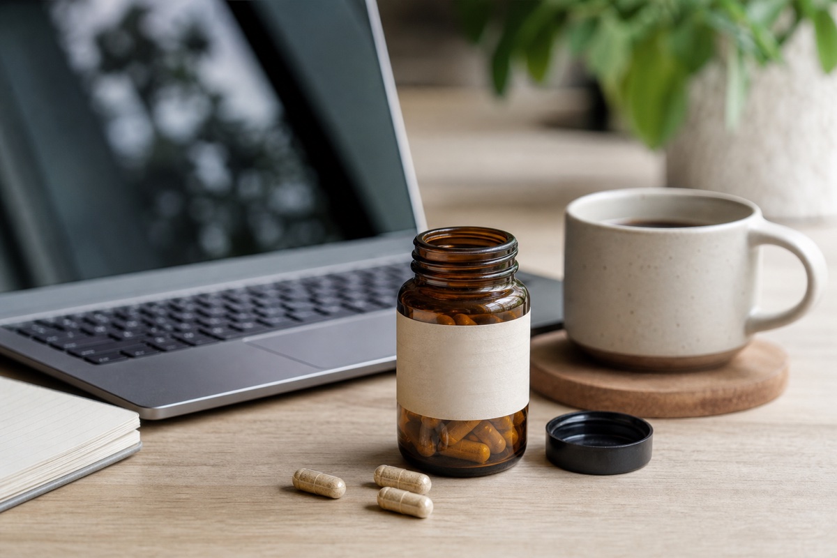 Stylised pill capsule half-filled with question marks, half with a checkmark pattern