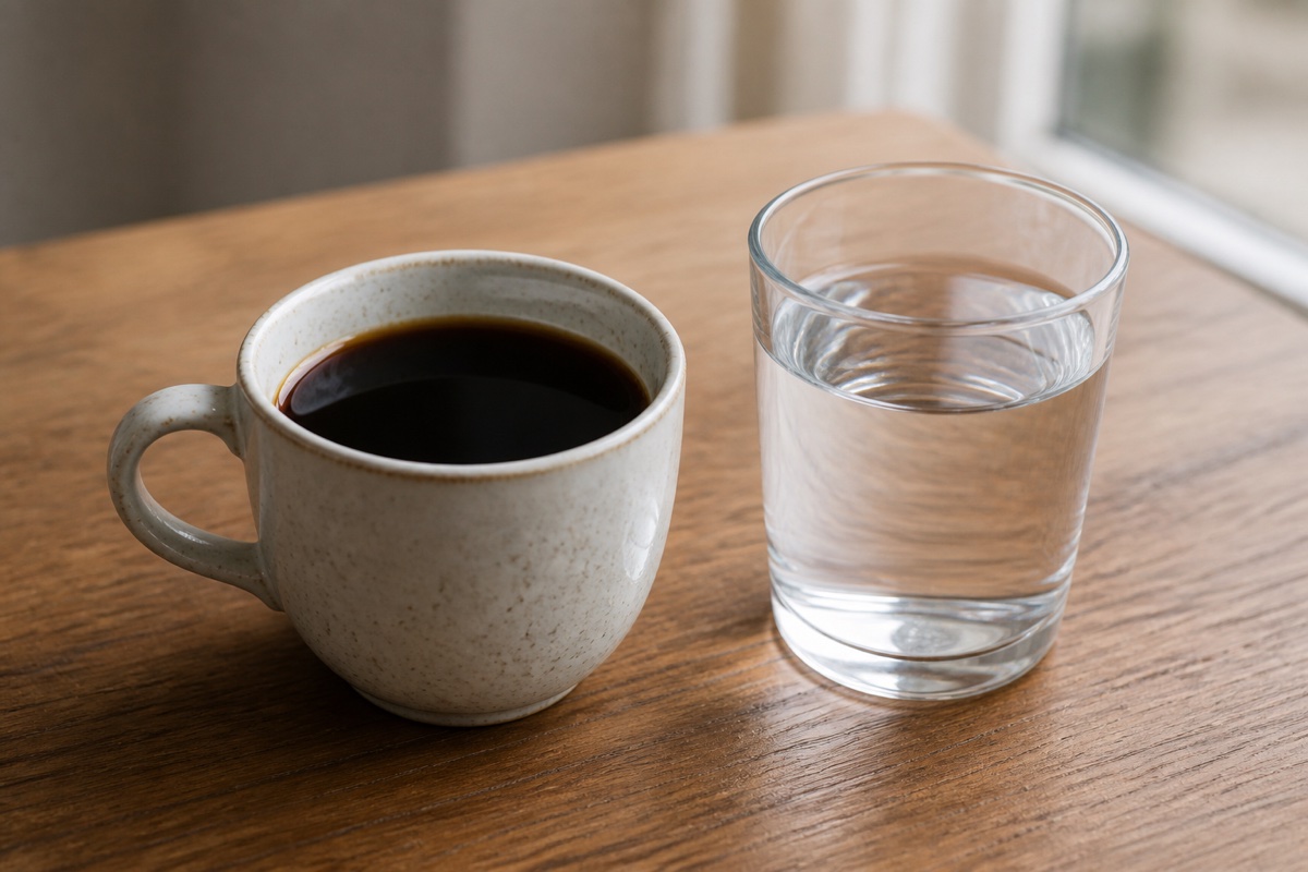 Stylised coffee cup with a water-droplet outline overlapping it, showing equal fill levels