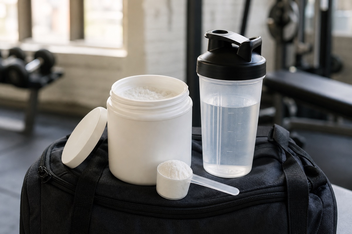 Stylised crystalline supplement powder scoop next to a simple muscle-fibre icon