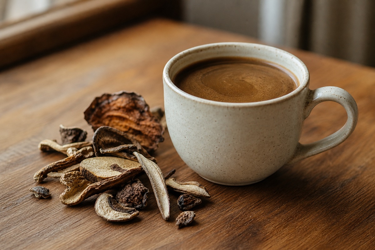 Stylised coffee cup with mushroom-cap steam rising from it