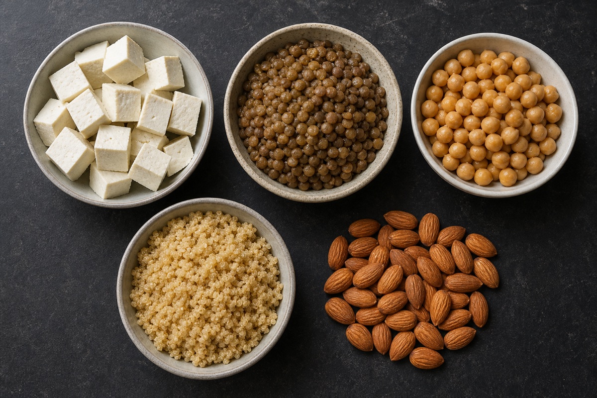 Stylised puzzle made of plant-protein-source icons fitting together into a complete circle