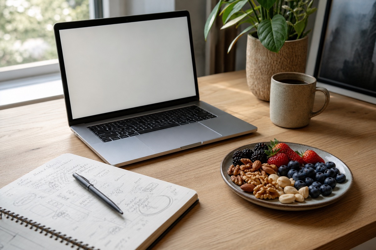 Stylised laptop screen with a rising focus-line graph made from food icons